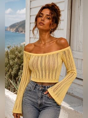 WHITE FOX Opposites Attract Long Sleeve Butter Pointelle Knit Crop Sweater Sz S